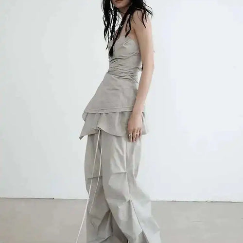 Load image into Gallery viewer, High Waist Gray Drawstring Ruffles Pleated Long Wide Leg Pants New Trousers Women Fashion Tide Spring Autumn 2025 1DH6257
