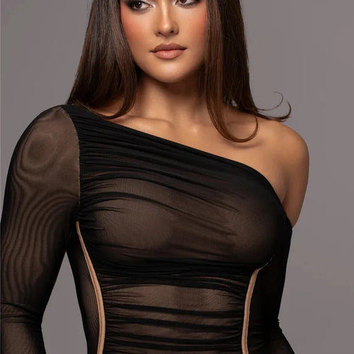 Load image into Gallery viewer, Diagonal Collar Long Sleeve Midi Dress For Women Two Layer Mesh Backless Ruched Bodycon Club Party Sexy Long Dress
