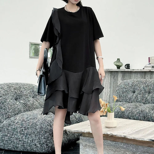 Load image into Gallery viewer, Women Black Ruffles Irregular Big Size Mini Dress New Round Neck Short Sleeve Fashion Tide Spring Summer 2025 1DJ1365
