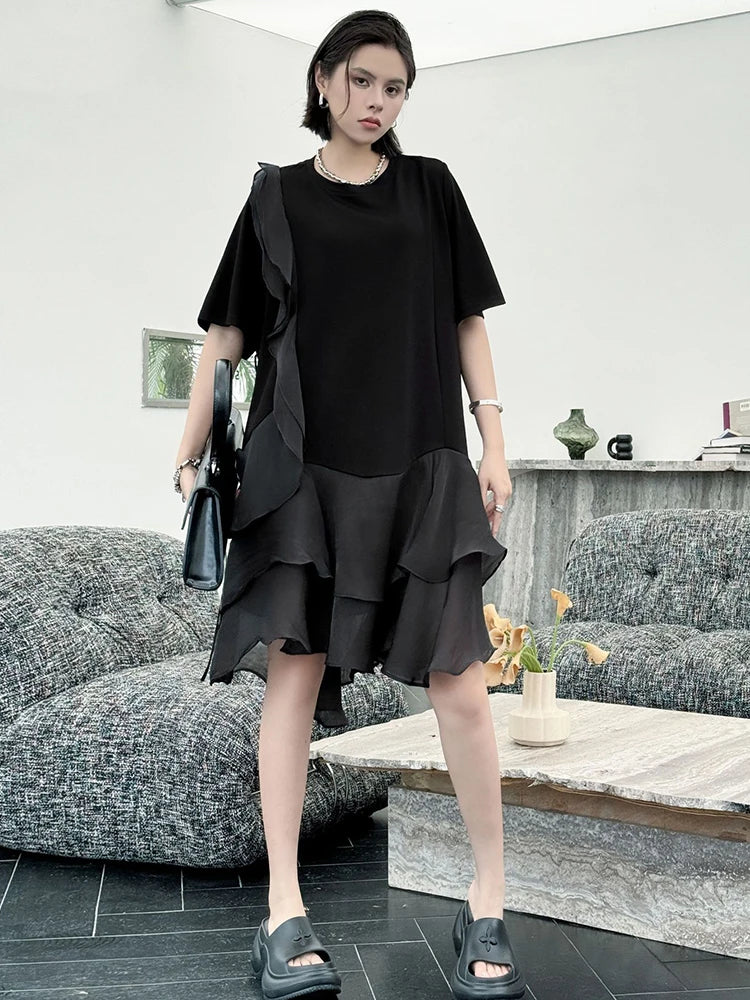 Women Black Ruffles Irregular Big Size Mini Dress New Round Neck Short Sleeve Fashion Tide Spring Summer 2025 1DJ1365