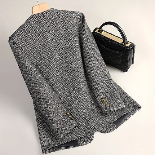 Load image into Gallery viewer, Korean Fashion Women Brown Long Sleeve Slim Woolen Blazer Coat 2024 New Autumn Winter Ladies Grey V Neck Single Button Jacket
