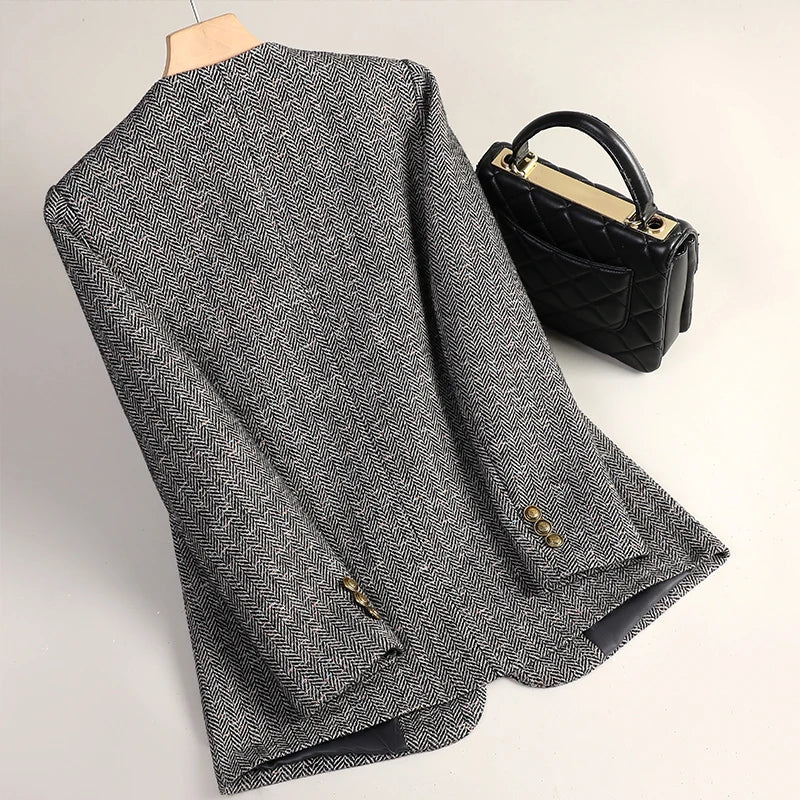 Korean Fashion Women Brown Long Sleeve Slim Woolen Blazer Coat 2024 New Autumn Winter Ladies Grey V Neck Single Button Jacket