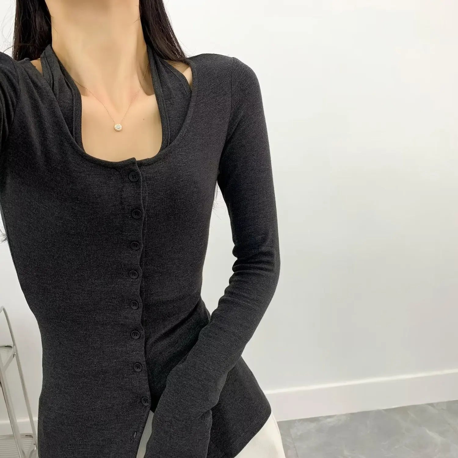 Y2k Sexy Fake Two Pieces Set Long Sleeve Halter Top Women Solid Skinny Patchwork Basic Tee Shirts Korean Fashion  Tshirts