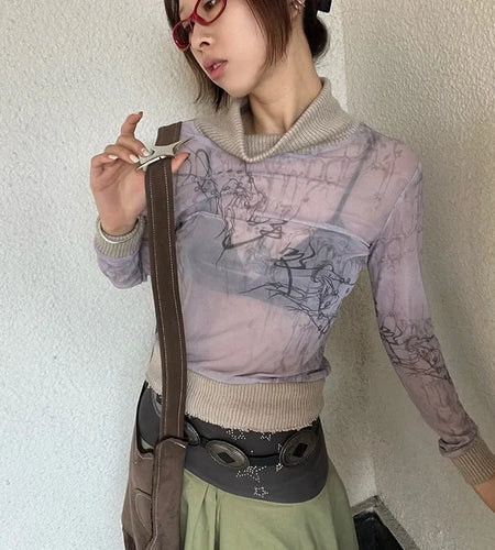 Japanese Y2k Mesh Knitted Tops Vintage Tattoo Print See Through T-shirt Grunge Aesthetics Turtleneck Sheer Tops Harajuku