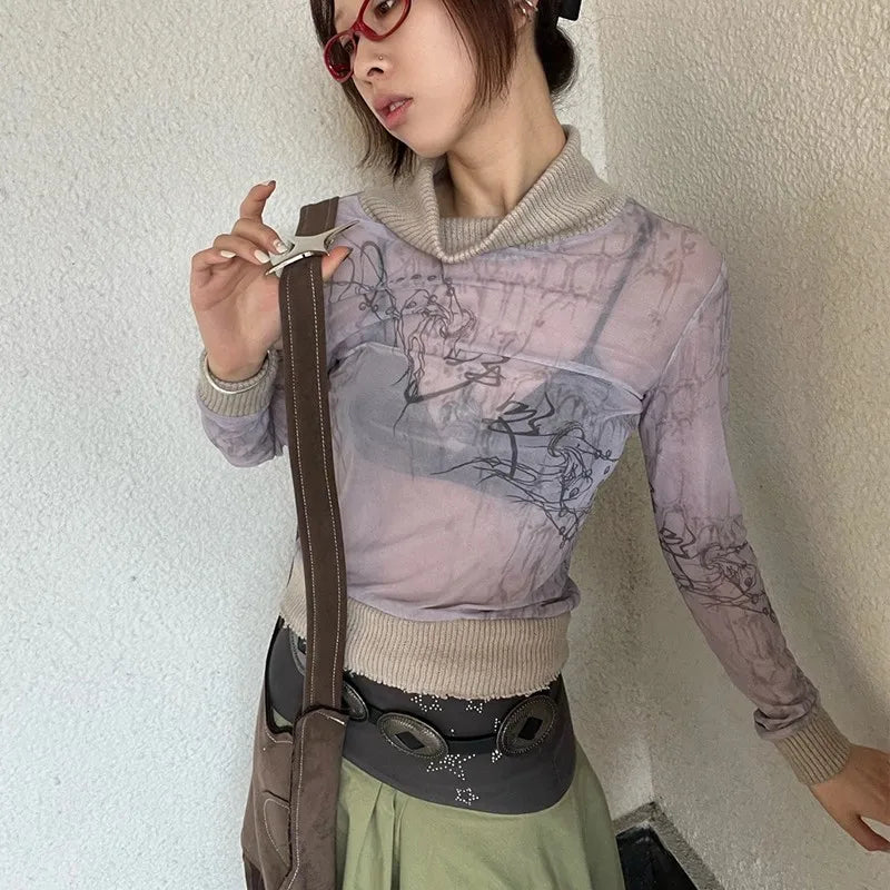 Japanese Y2k Mesh Knitted Tops Vintage Tattoo Print See Through T-shirt Grunge Aesthetics Turtleneck Sheer Tops Harajuku