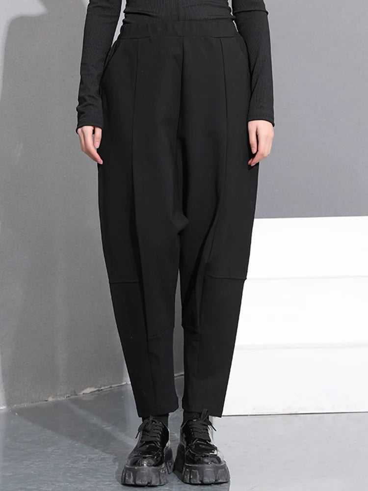 High Elastic Waist Black Pocket Thick Patchwork  Harem Pants New Trousers Women Fashion Tide Spring Autumn 2025 SA155
