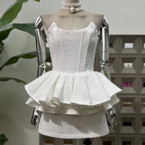 Load image into Gallery viewer, Spliced Sequins Two Piece Sets for Women Strapless Sleeveless Patchwork Ruffles Vest High Waist Skirt Set Female New
