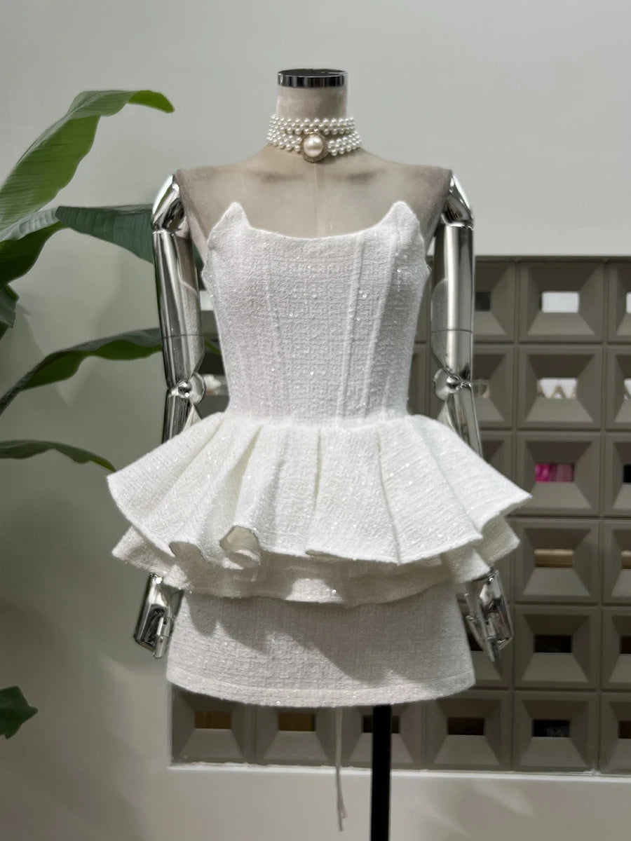 Spliced Sequins Two Piece Sets for Women Strapless Sleeveless Patchwork Ruffles Vest High Waist Skirt Set Female New