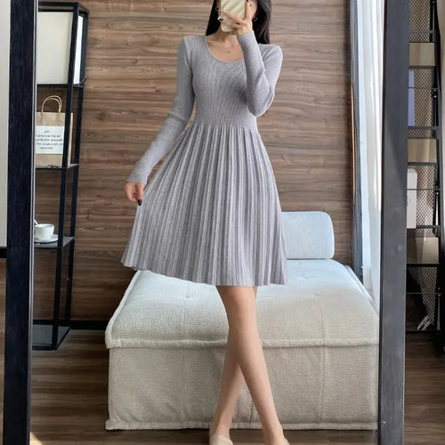 Load image into Gallery viewer, Black Elegant Knitted Pleated Mini Dress Women Gray Slim O-neck Long Sleeve Party A-line Dress 2023 Autumn Lady Streetwear Robe
