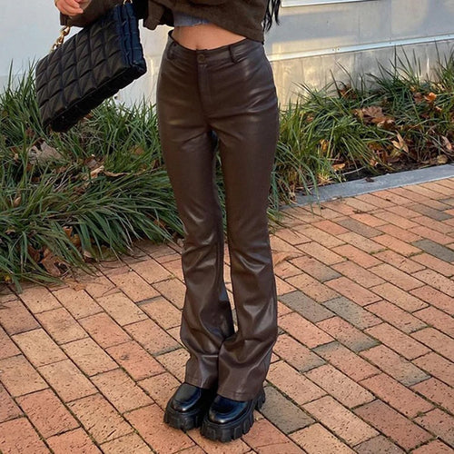 Load image into Gallery viewer, Brown Fashion Y2K Skinny Leather Trousers Solid Vintage Outfits Harajuku Autumn Flare Pants Boot Cut Women&#39;s Bottoms
