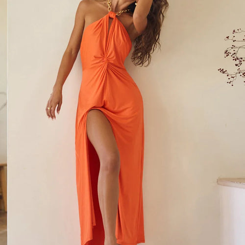 Load image into Gallery viewer, Metal Chain Halter Backless Sexy Maxi Dress Women Orange Off-shoulder Sleeveless Thigh High Split Club Long Dress

