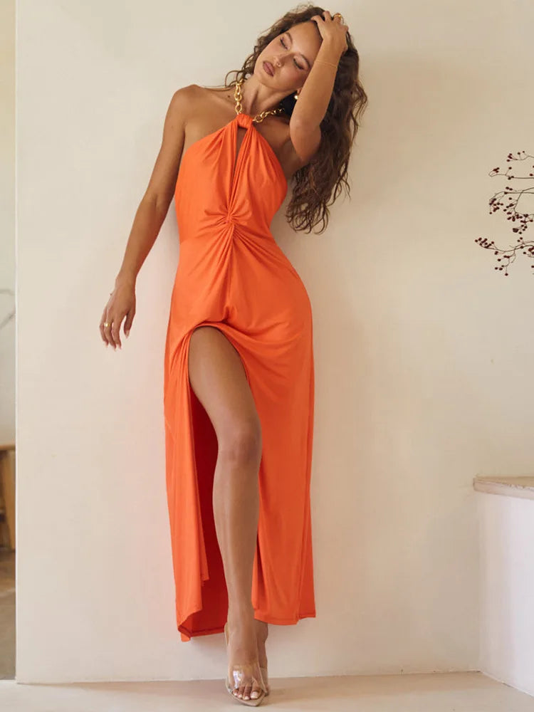 Metal Chain Halter Backless Sexy Maxi Dress Women Orange Off-shoulder Sleeveless Thigh High Split Club Long Dress
