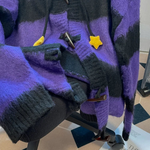 Load image into Gallery viewer, Y2k Aesthetic Star Patchwork Cardigan Femme Striped Vintage Pull  2025 Spring Mohair Harajuku Hooded Fashion Women Sweaters
