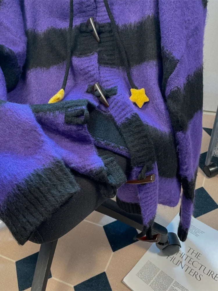 Y2k Aesthetic Star Patchwork Cardigan Femme Striped Vintage Pull  2025 Spring Mohair Harajuku Hooded Fashion Women Sweaters