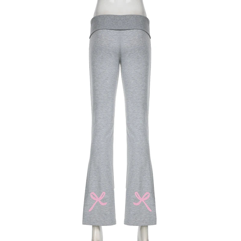 Casual Slim Low Waist Flared Pants Korean Fashion Bow Embroidery Autumn Sweatpants Coquette Clothes Trousers Tierred