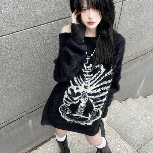 Load image into Gallery viewer, Grunge Sweater Fashion Streetwear Y2k Aesthetic Blackpullover Skull Print Gothc Women Jumper Harajuku Loose Knitwear
