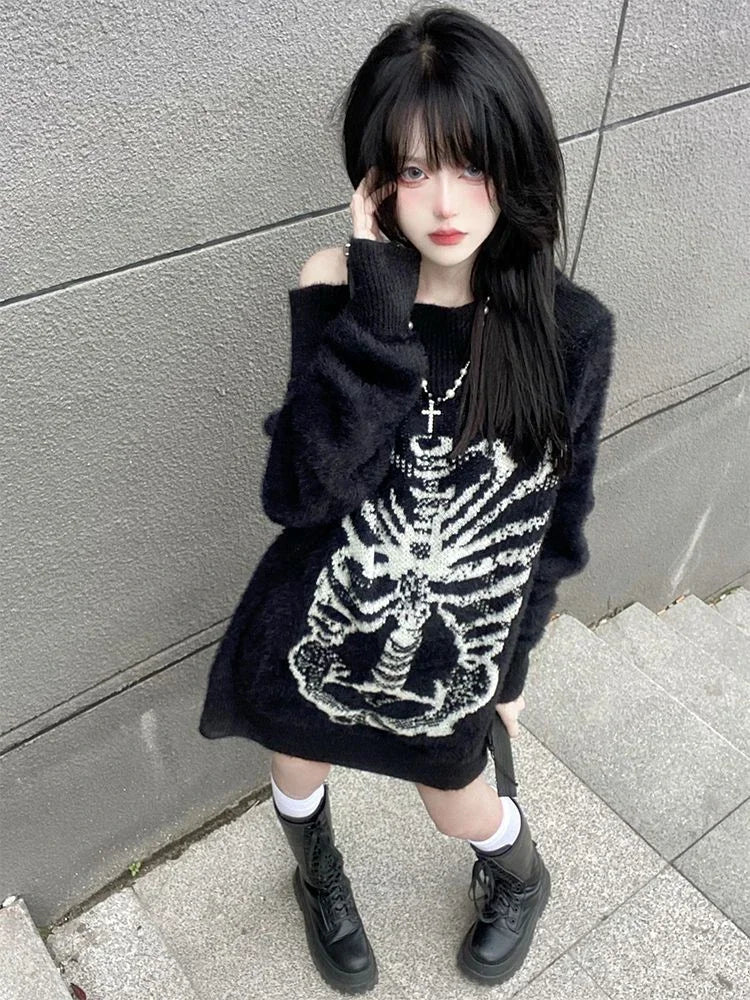 Grunge Sweater Fashion Streetwear Y2k Aesthetic Blackpullover Skull Print Gothc Women Jumper Harajuku Loose Knitwear