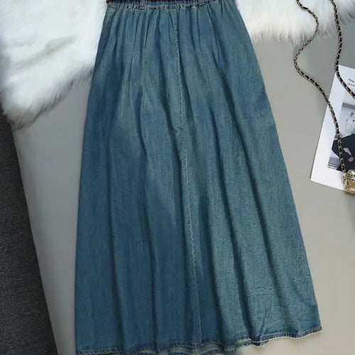 Load image into Gallery viewer, Korean Style High Waist Retro Belt Long Skirts For Women Fashion 2023 Summer Thin A-line Denim Skirt Women&#39;s Midi Elastic Skirt
