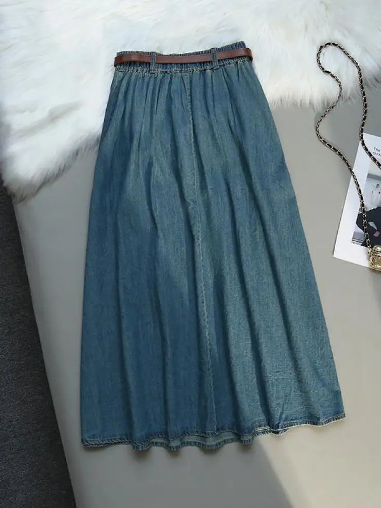 Korean Style High Waist Retro Belt Long Skirts For Women Fashion 2023 Summer Thin A-line Denim Skirt Women's Midi Elastic Skirt
