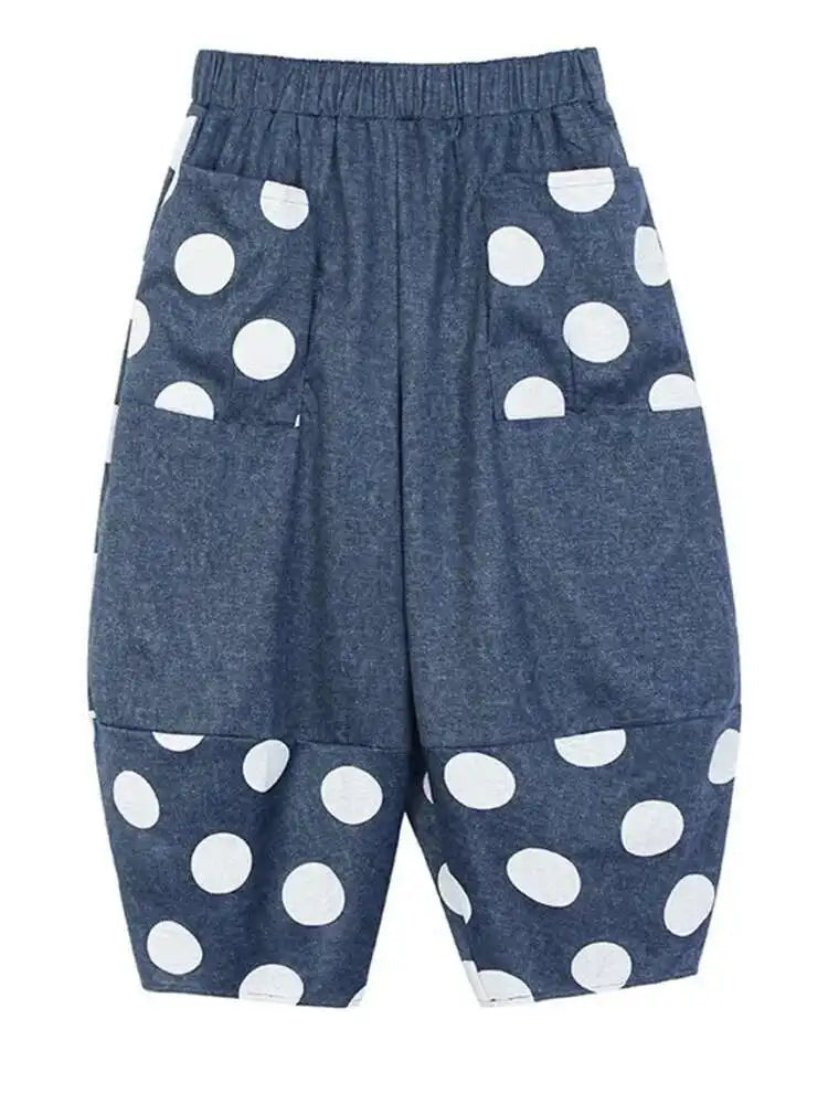 High Elastic Waist Blue Dot Printed Denim Casual Harem Pants New Trousers Women Fashion Tide Spring Autumn 2025 1DJ0083