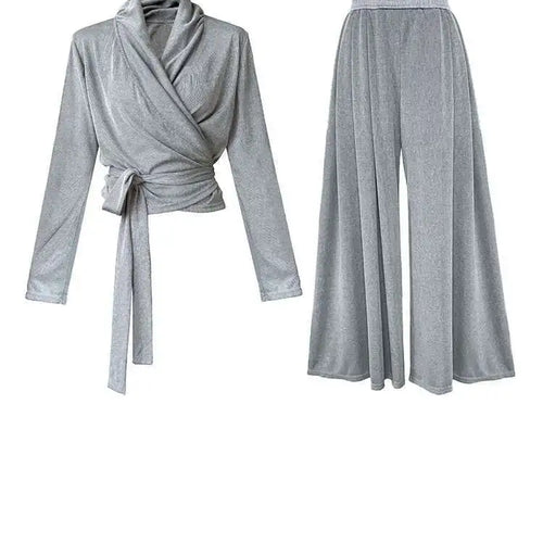 Load image into Gallery viewer, Bandage Elegant T-shirt Wide Leg Pants Two Piece Suit New V-Neck Long Sleeve Women Fashion Tide Spring Autumn 2025 1DJ0103
