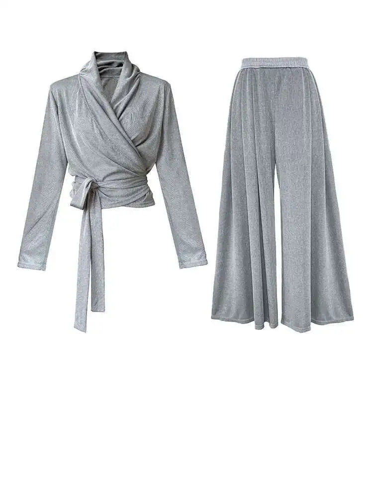 Bandage Elegant T-shirt Wide Leg Pants Two Piece Suit New V-Neck Long Sleeve Women Fashion Tide Spring Autumn 2025 1DJ0103
