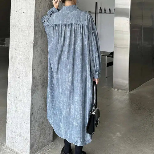 Load image into Gallery viewer, Women Black Tie Dye Pleated Big Size Midi Shirt Dress New Lapel  Long Sleeve Fashion Tide Spring Autumn 2025 1DH6918
