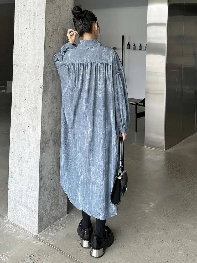 Women Black Tie Dye Pleated Big Size Midi Shirt Dress New Lapel  Long Sleeve Fashion Tide Spring Autumn 2025 1DH6918
