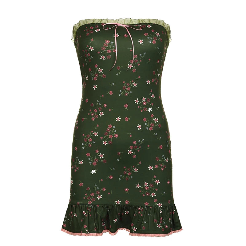 Vintage Fashion Floral Printed Bodycon Summer Dress Ruffles Ruched Strapless Party Dress Mini Women Coquette Clothes