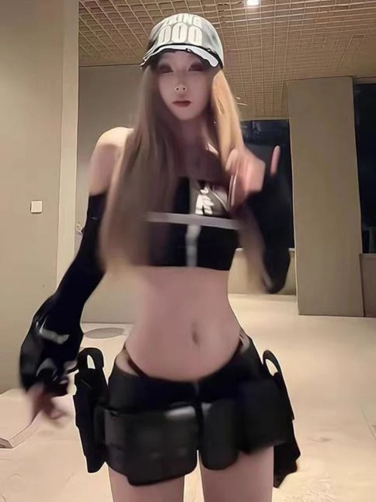 Sexy Cross Patchwork Cropped Tops Vintage Grunge Letter Print Flare Sleeve T-shirts Y2k Aesthetics Black Streetwear Punk Tees