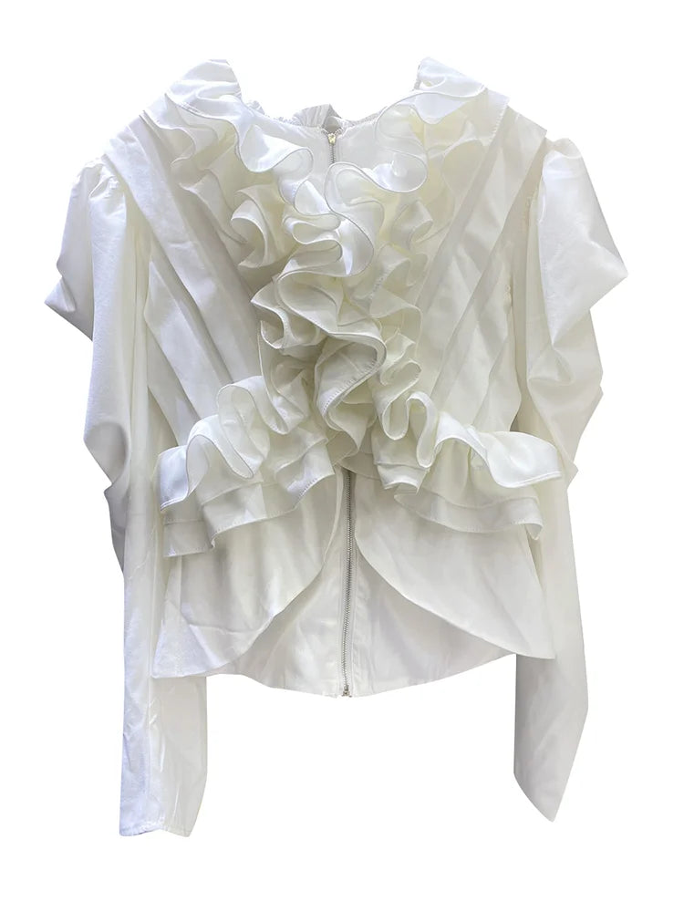 High Street Patchwork Ruffle Blouses For Women Stand Collar Loose Puff Sleeve Casual Shirts Female Style