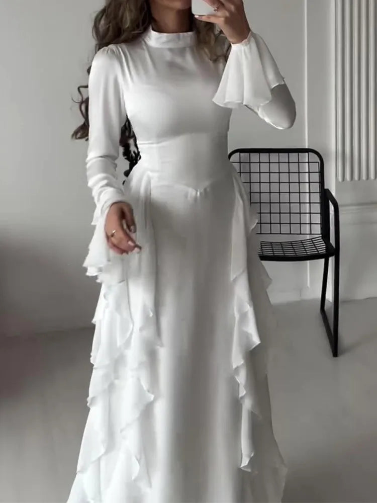 Elegant Long Sleeved Ruffled Round Neck Maxi Dress For Women's Spring New 2025 Party Club Evening Dress Slim Vestidos