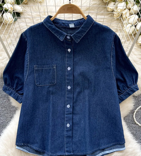 Vintage Women's Summer Blue Elegant Single Breasted Denim Shirts New Short Sleeves Holiday Jean Blouse Trendy Versatile Tops New