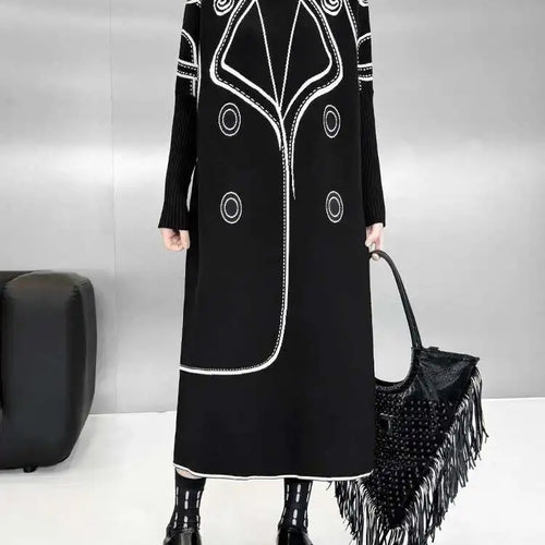 Load image into Gallery viewer, Women Black Pattern Both Side Wear Big Size Sweater Dress New Turtleneck Long Sleeve Fashion Spring Autumn 2025 1DH8332
