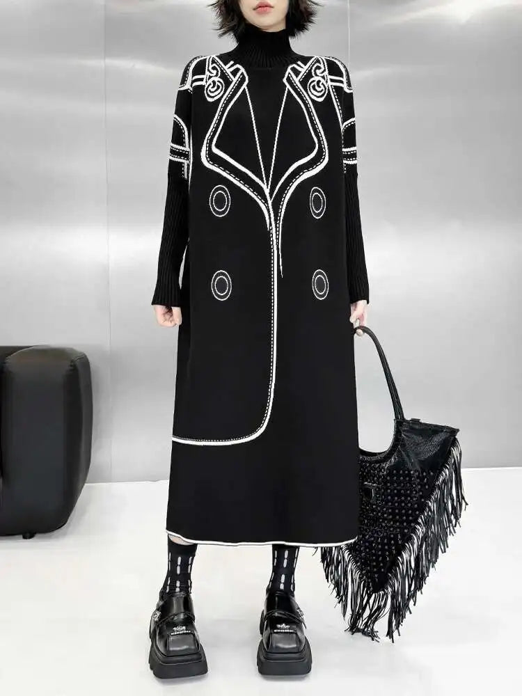 Women Black Pattern Both Side Wear Big Size Sweater Dress New Turtleneck Long Sleeve Fashion Spring Autumn 2025 1DH8332