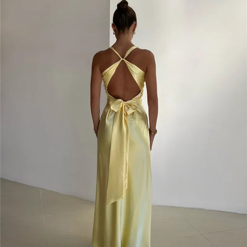 Load image into Gallery viewer, Satin Bow Backless Sexy Maxi Dress For Women Gown Fashion V Neck Sleeveless Club Party Evening Dress Elegant
