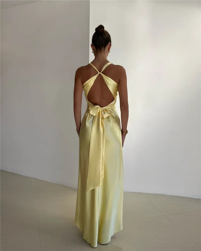 Satin Bow Backless Sexy Maxi Dress For Women Gown Fashion V Neck Sleeveless Club Party Evening Dress Elegant