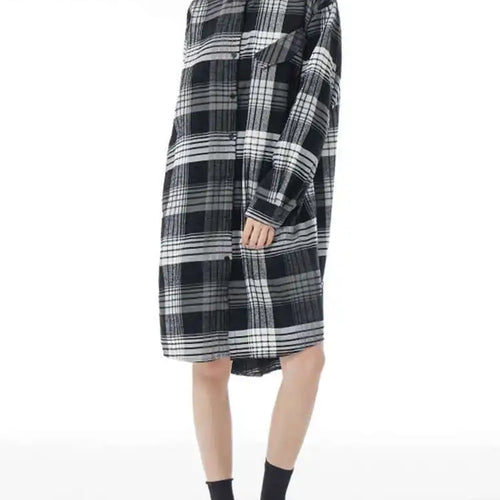 Load image into Gallery viewer, Women Plaid Big Size Knee-Length Shirt Dress New Lapel Long Sleeve A-line Loose Fit Fashion Spring Autumn 2025 1DH2091
