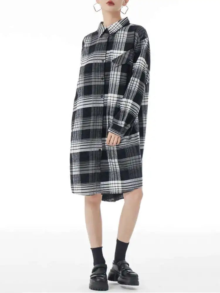 Women Plaid Big Size Knee-Length Shirt Dress New Lapel Long Sleeve A-line Loose Fit Fashion Spring Autumn 2025 1DH2091