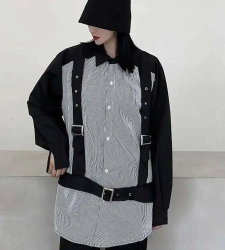 Women Black Striped Buckle Big Size Blouse New Lapel Long Sleeve Loose Fit Shirt Fashion Tide Spring Autumn 2025 1DF1107