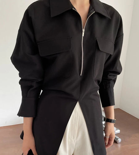 Women Beige Zipper Pocket Back Bandage Blouse New Lapel Long Sleeve Loose Fit Shirt Fashion Spring Autumn 2025 1DF1491