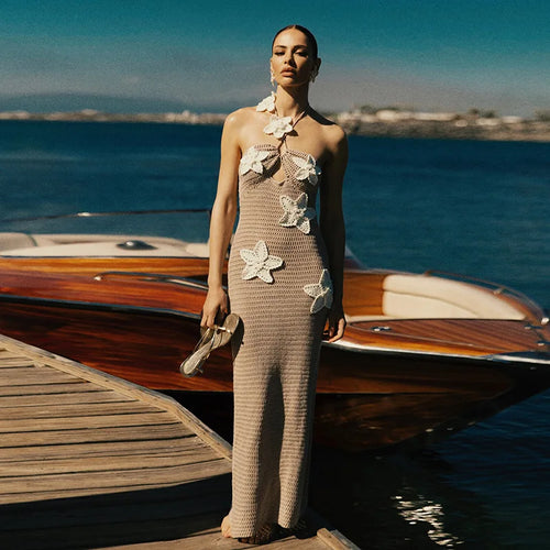 Load image into Gallery viewer, See Through Crochet Floral Knit Sexy Maxi Dress For Women Halter Sleeveless Backless Party Long Dress Beachwear New
