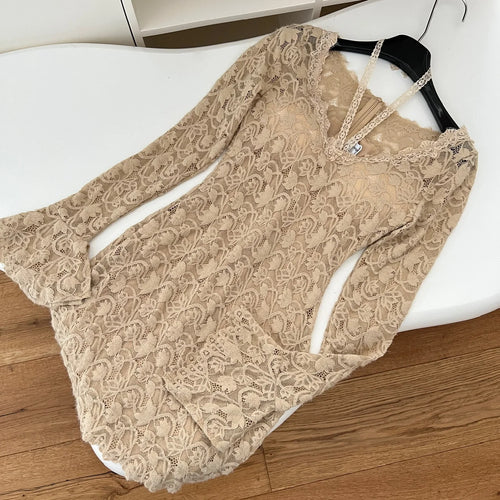 Load image into Gallery viewer, Autumn Ladies Brown Lace V-neck Party Mini Dress French High Waist Sexy Club Elegant Zipper Wrap Hip Pleated Short Dress Popular
