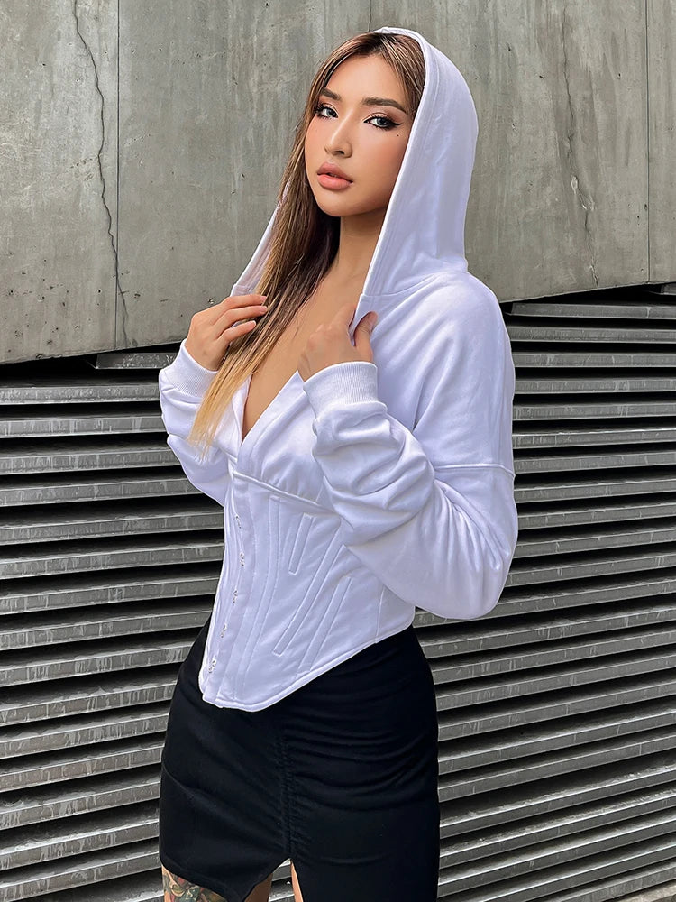 Korean Style Solid Sweatshirt For Women Hooded Collar Long Sleeve Single Breasted Sweatshirts Female Fashion 2022