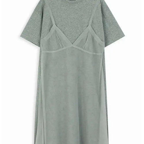 Load image into Gallery viewer, Women Gray Mesh Spliced Big Size Casual Midi Dress New Round Neck Short Sleeve Fashion Tide Spring Summer 2025 1DH9817
