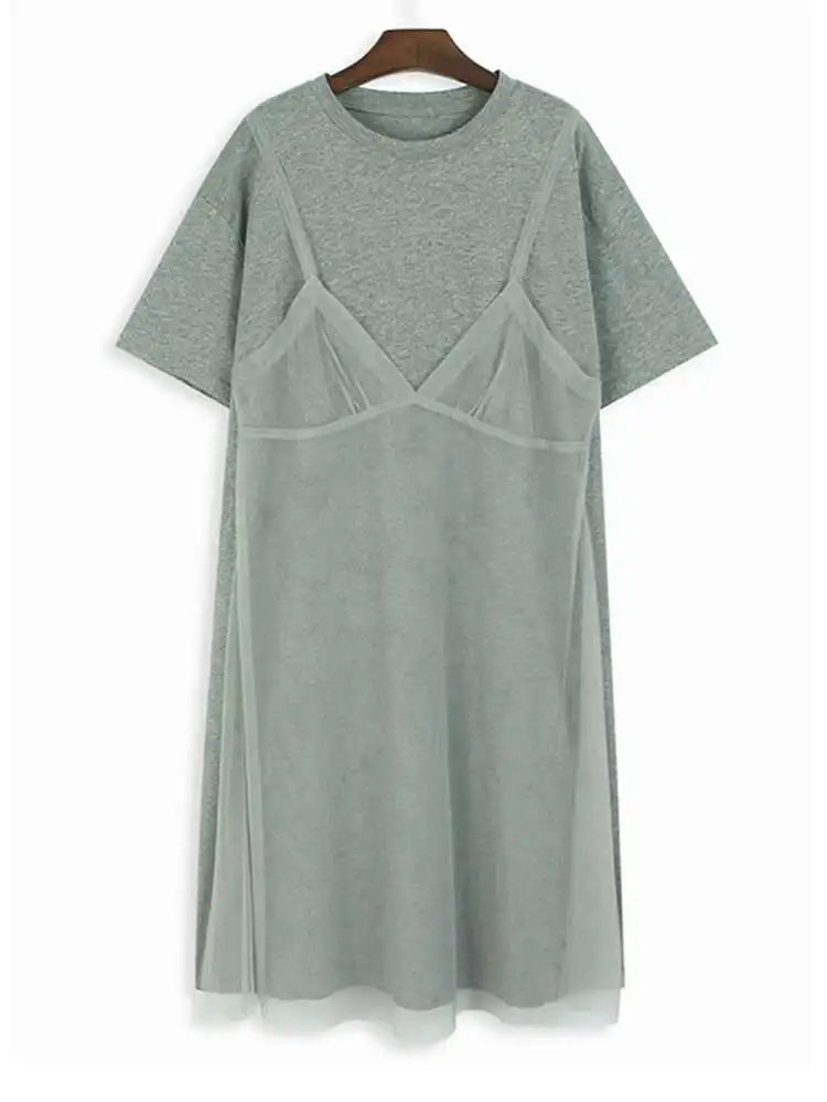 Women Gray Mesh Spliced Big Size Casual Midi Dress New Round Neck Short Sleeve Fashion Tide Spring Summer 2025 1DH9817