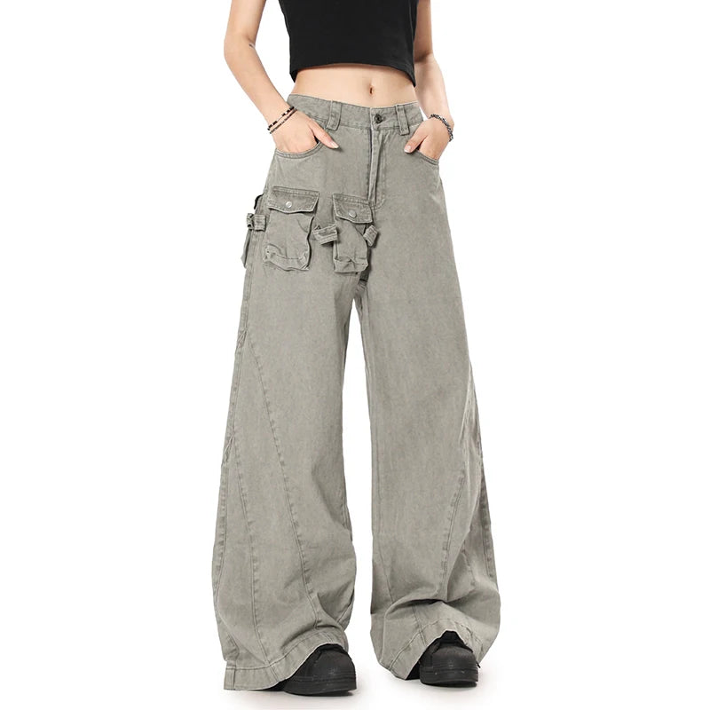 Men's Cargo Pants New American Style Micro Flared Trendy Splicing Stylish Multi Pockets Design Male Casual Trousers 9W193