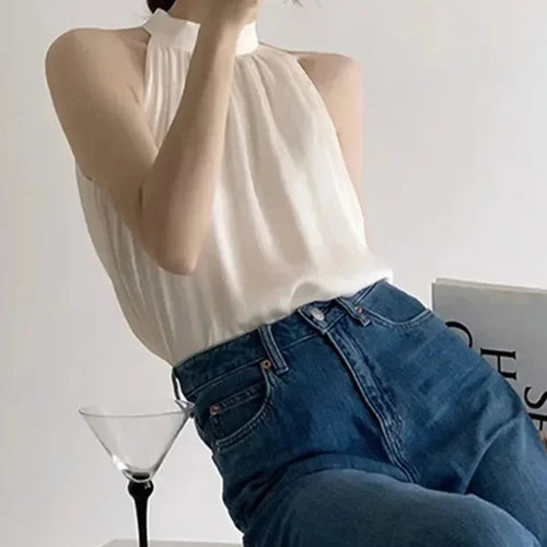 Load image into Gallery viewer, Fashion Solid Color Off Shoulder Women&#39;s Sleeveless Top Slim Fit Sweet French Design Unique Hanging Neck Women Chiffon Top
