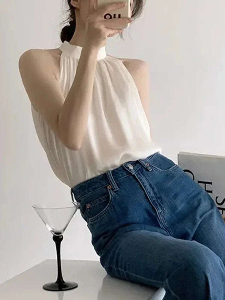 Fashion Solid Color Off Shoulder Women's Sleeveless Top Slim Fit Sweet French Design Unique Hanging Neck Women Chiffon Top