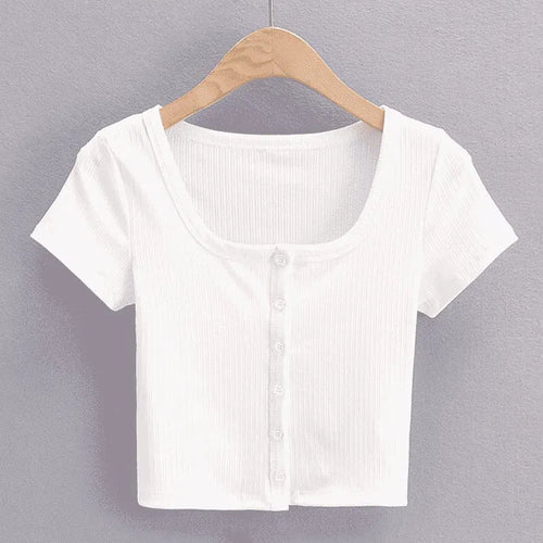 Load image into Gallery viewer, Women Rib Button Through Short Sleeve Top
